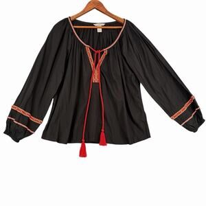 H&M Embroidered Peasant Blouse Black Womens Sz 6 Boho Tassel Top
